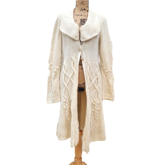 HANDKNIT Cable Knit Long Cardigan, Cream, Women's Small - Picture 3 of 6
